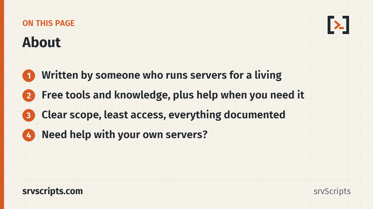 About sections: Written by someone who runs servers for a living, Free tools and knowledge, plus help when you need it and Clear scope…