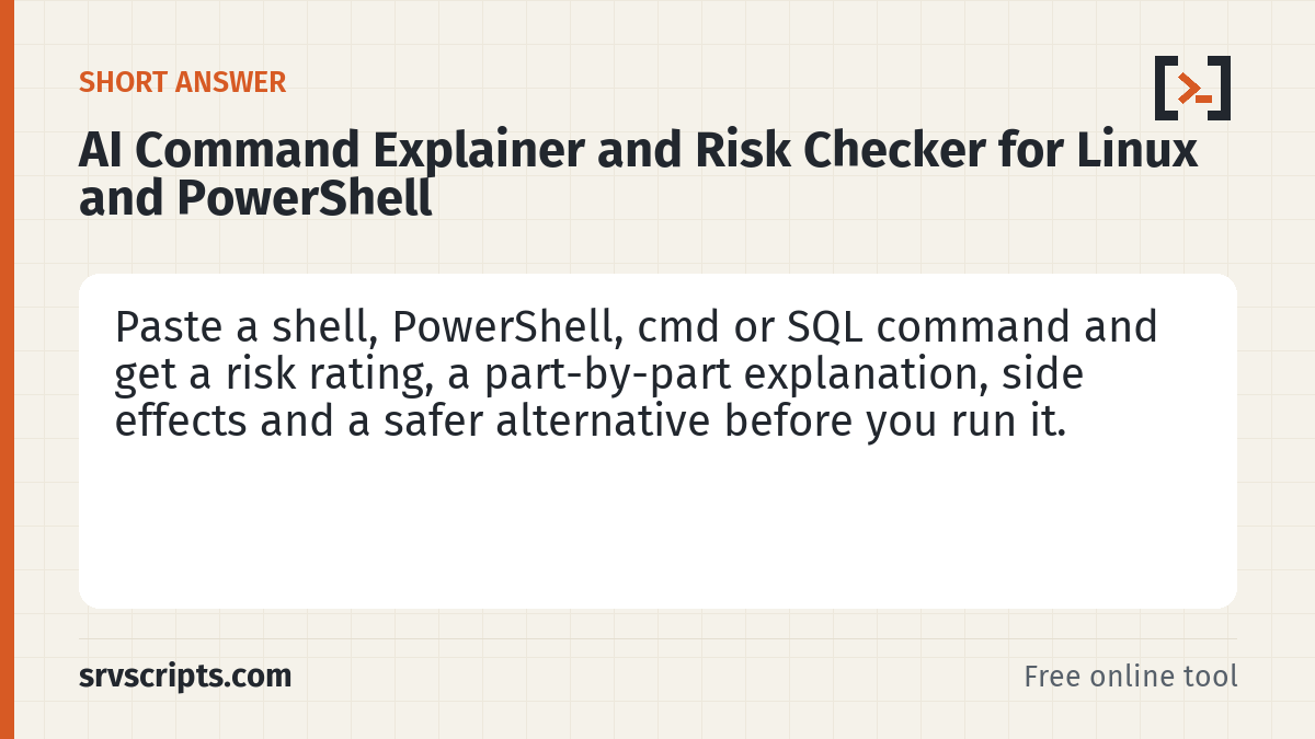 AI Command Explainer and Risk Checker for Linux and PowerShe summary card: The AI command explainer breaks a command into its parts and tells you what each option, pipe and redirect does before…