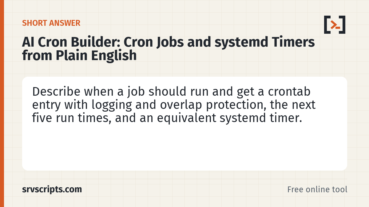 AI Cron Builder summary card: The AI cron builder turns "every weekday at 02:30, run the backup and keep a log" into a correct crontab line — with…