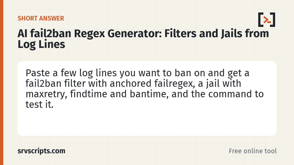 AI fail2ban Regex Generator summary card: This fail2ban regex generator writes the filter and jail from real log lines.