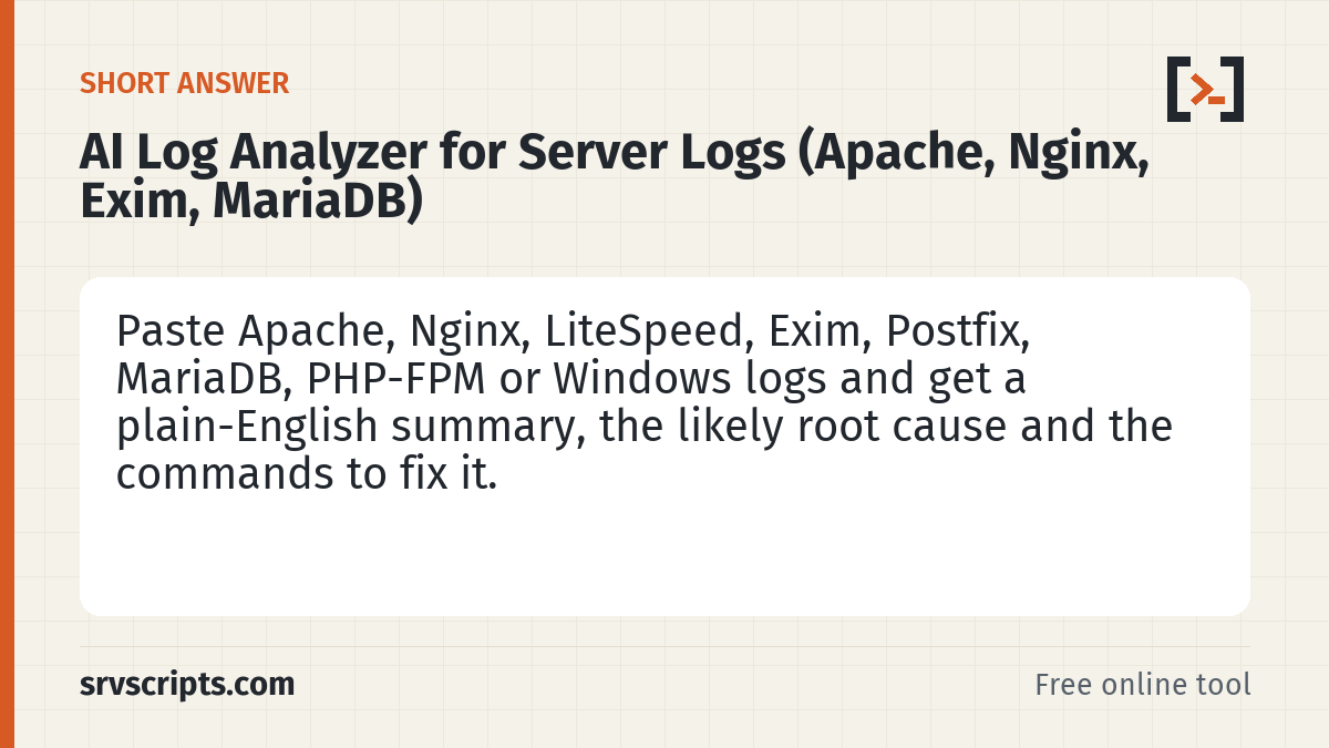 AI Log Analyzer for Server Logs summary card: The AI log analyzer reads a block of server log lines and tells you what went wrong, which lines prove it and what to…