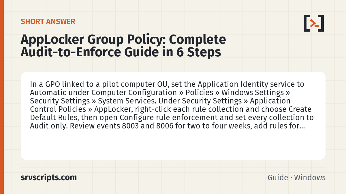AppLocker Group Policy summary card: In a GPO linked to a pilot computer OU, set the Application Identity service to Automatic under Computer Configuration…