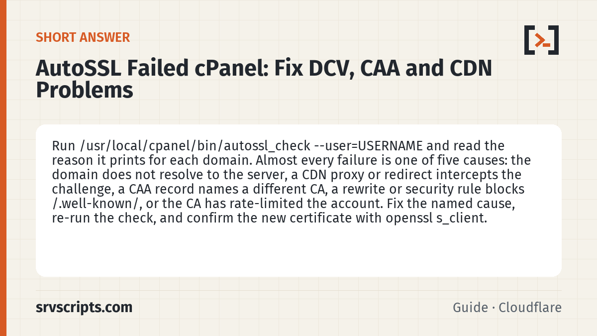 AutoSSL Failed cPanel summary card: Run /usr/local/cpanel/bin/autossl_check --user=USERNAME and read the reason it prints for each domain.