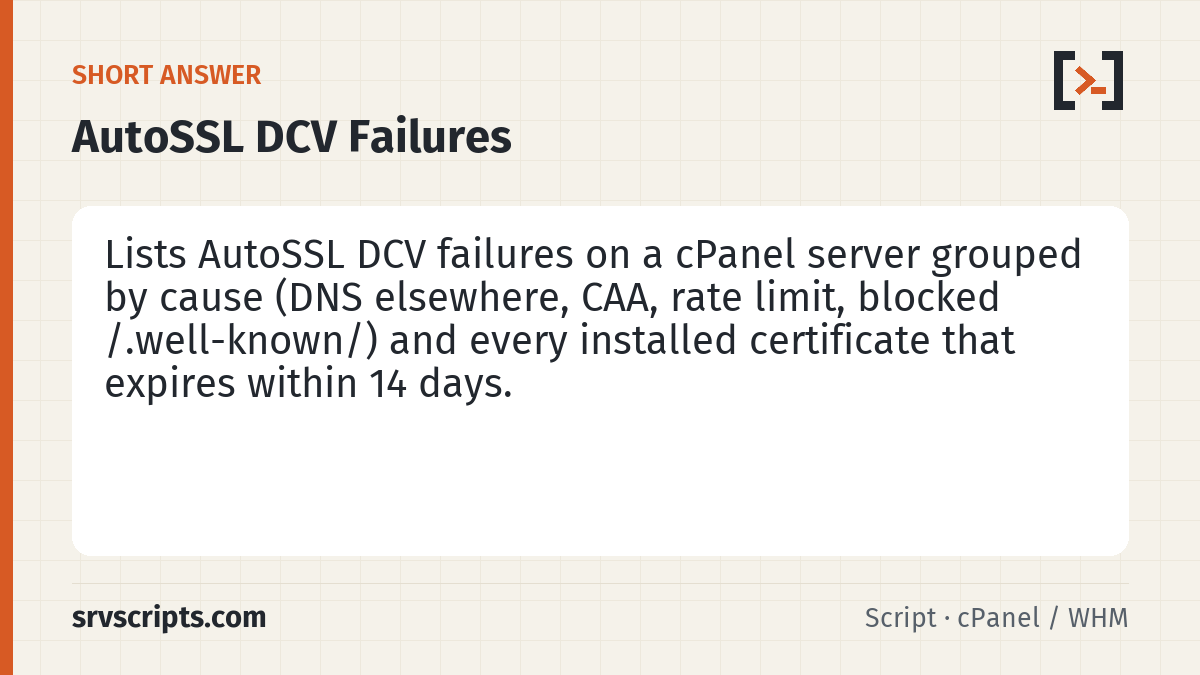 AutoSSL DCV Failures Report summary card: AutoSSL runs every night and on most servers nobody reads what it says.