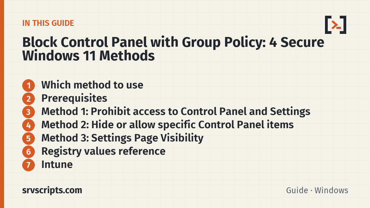Block Control Panel with Group Policy sections: Which method to use, Prerequisites, Method 1: Prohibit access to Control Panel and Settings and Method 2: Hide or allow…
