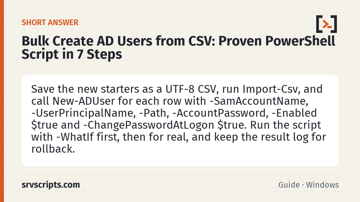Bulk Create AD Users from CSV summary card: Save the new starters as a UTF-8 CSV, run Import-Csv, and call New-ADUser for each row with -SamAccountName…