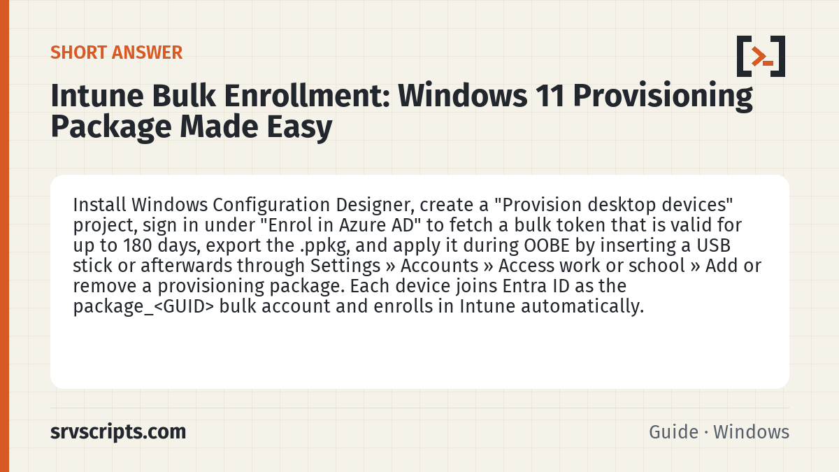 Intune Bulk Enrollment summary card: Install Windows Configuration Designer, create a "Provision desktop devices" project, sign in under "Enrol in Azure AD"…