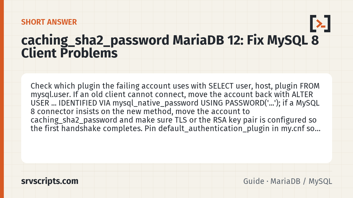 caching_sha2_password MariaDB 12 summary card: Check which plugin the failing account uses with SELECT user, host, plugin FROM mysql.user.