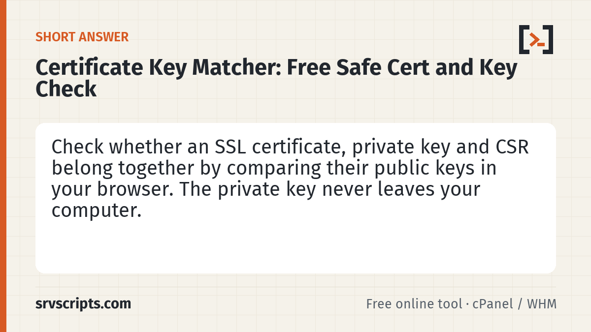 Certificate Key Matcher summary card: "Key values mismatch" in Apache or nginx, or a panel refusing to install a certificate, almost always means the…