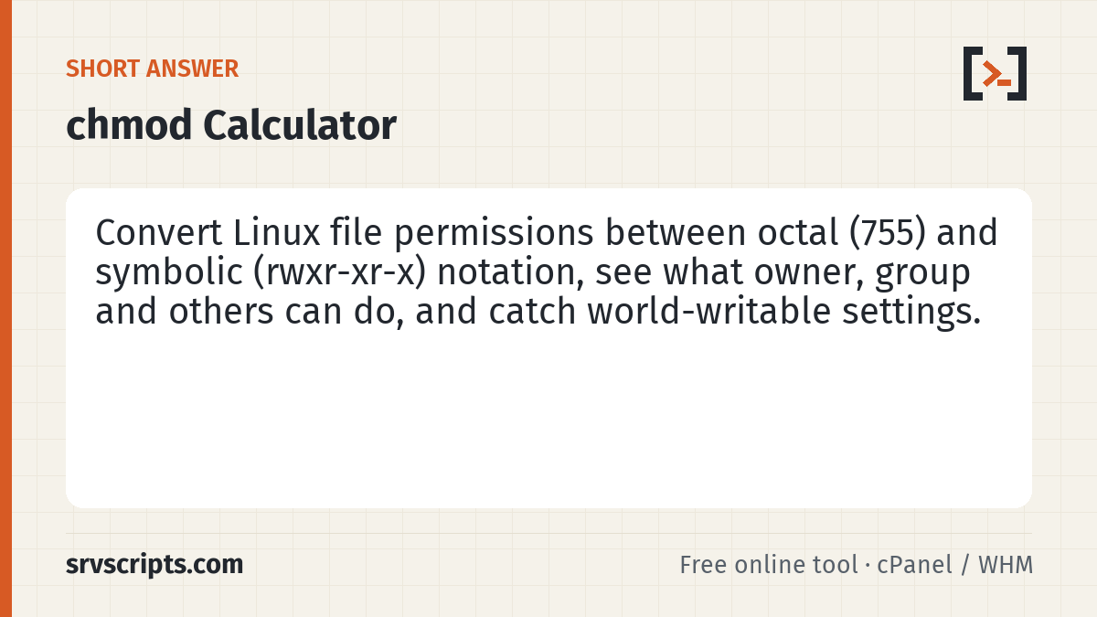 chmod Calculator summary card: Enter an octal mode such as 644 or a symbolic string such as rwxr-x--- to convert between them and see the exact rights…