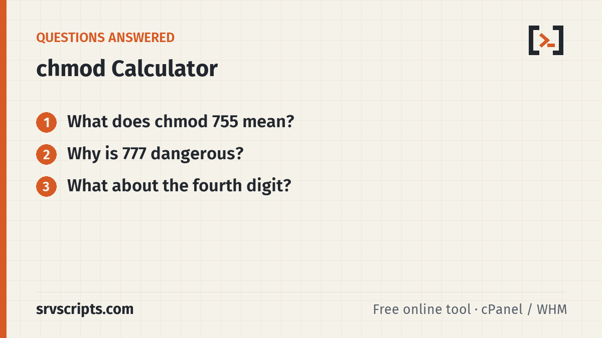 chmod Calculator questions answered: What does chmod 755 mean? Why is 777 dangerous?