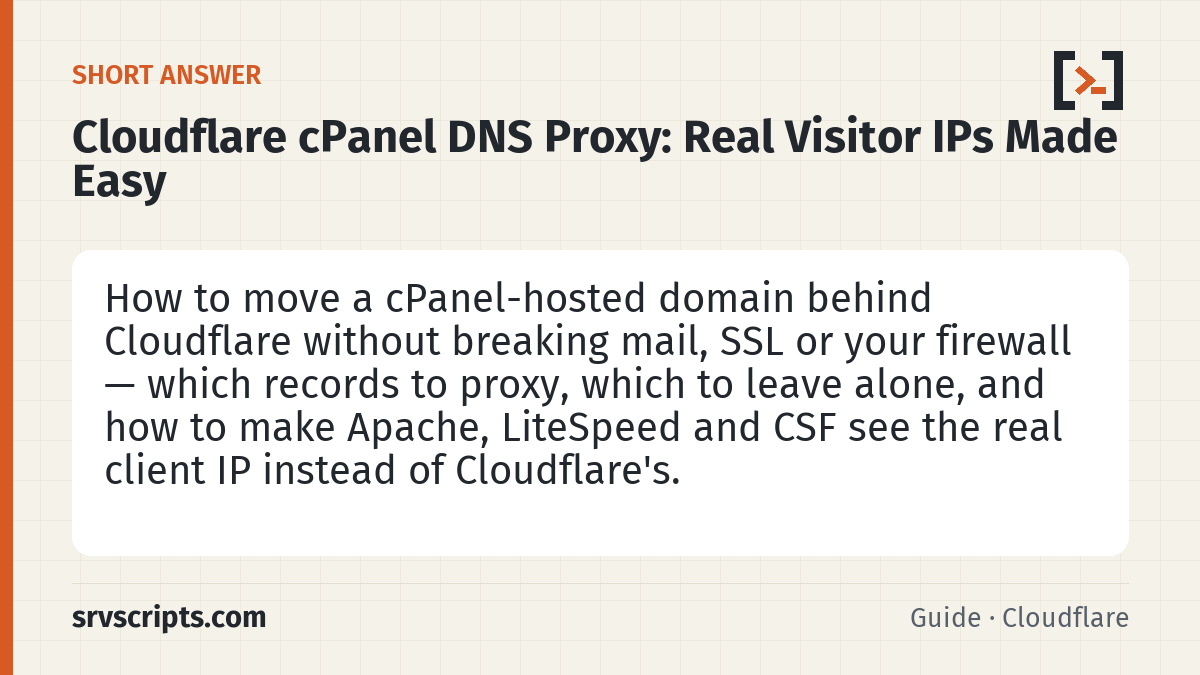 Cloudflare cPanel DNS Proxy summary card: When you add a domain to Cloudflare it imports the zone from cPanel and turns the orange cloud on for most A records.