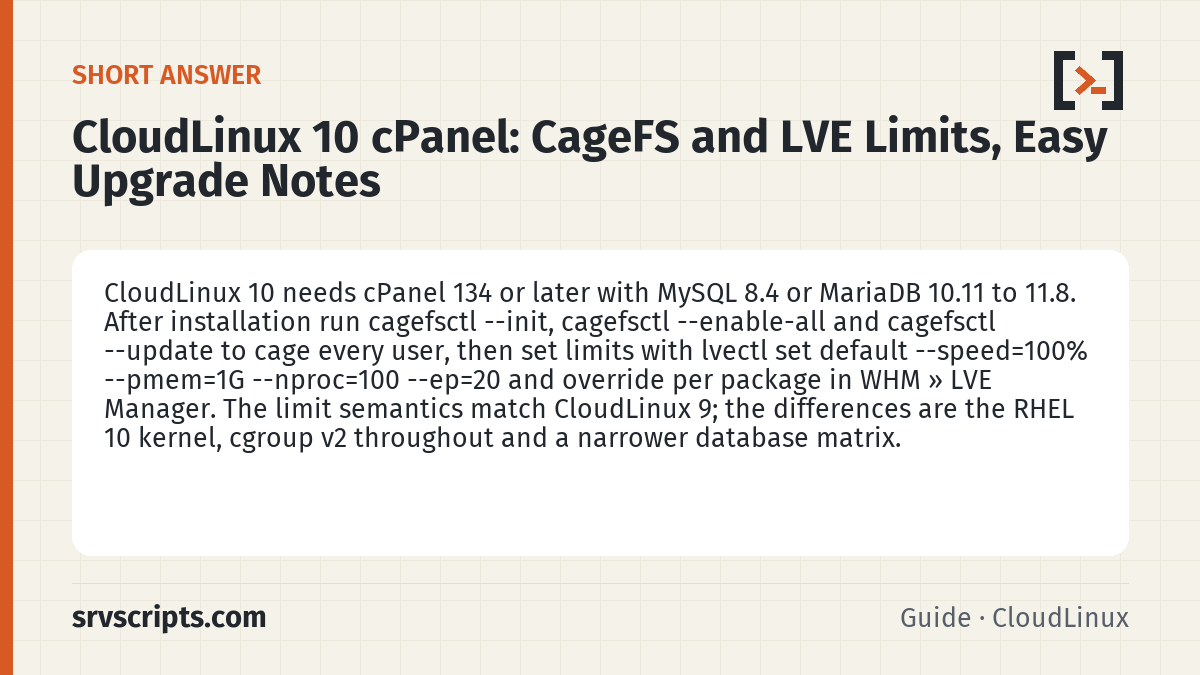 CloudLinux 10 cPanel summary card: CloudLinux 10 needs cPanel 134 or later with MySQL 8.4 or MariaDB 10.11 to 11.8.