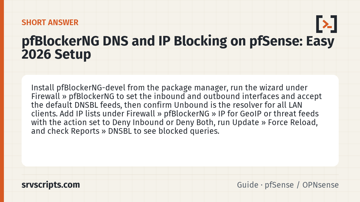 pfBlockerNG DNS and IP Blocking on pfSense summary card: Install pfBlockerNG-devel from the package manager, run the wizard under Firewall » pfBlockerNG to set the inbound and…