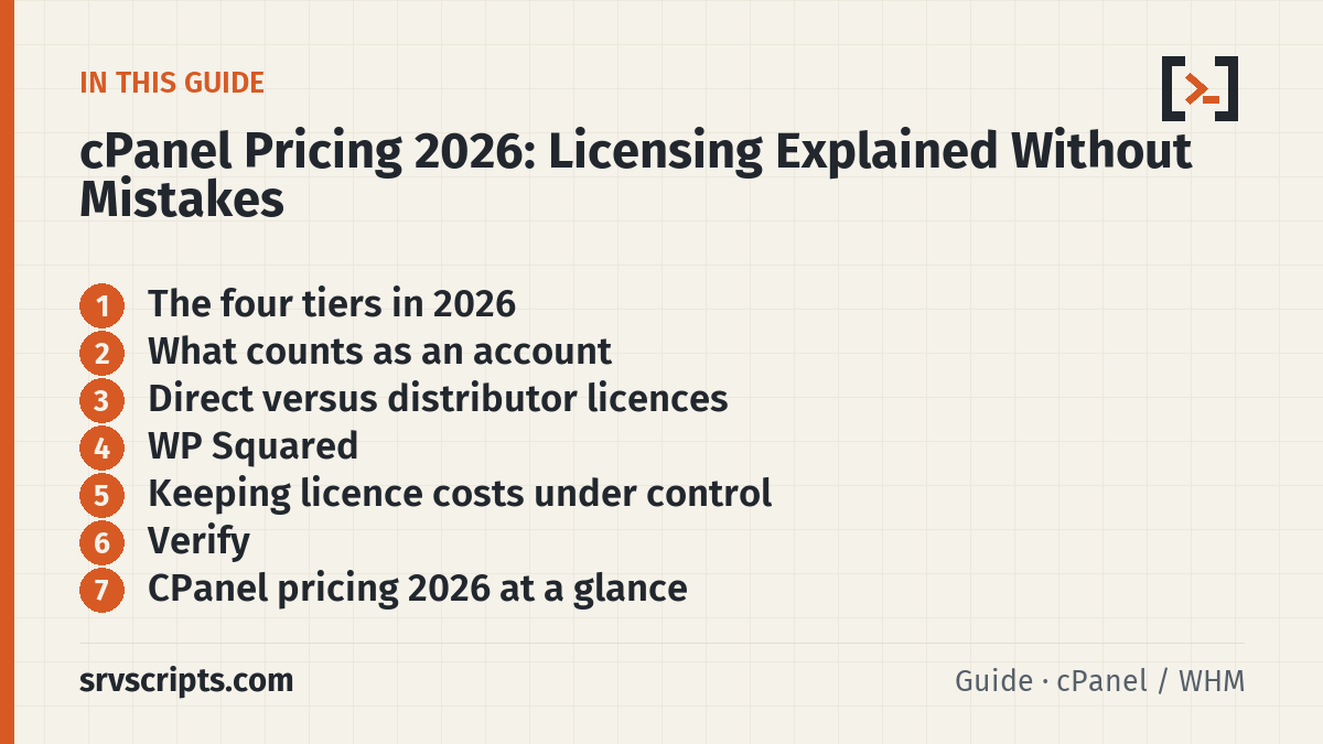 cPanel Pricing 2026 sections: The four tiers in 2026, What counts as an account, Direct versus distributor licences and WP Squared