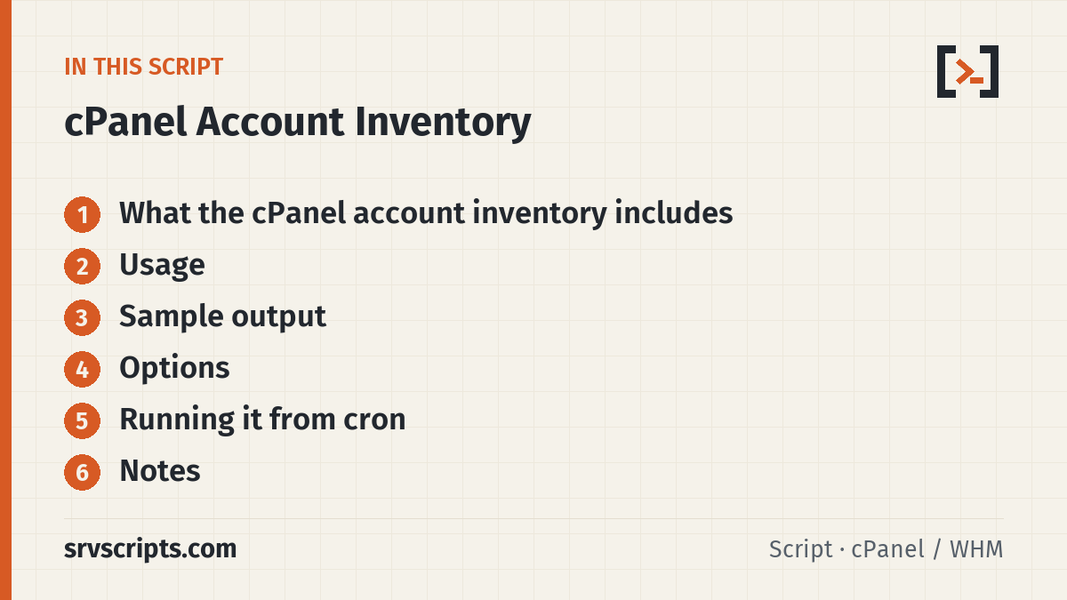 cPanel Account Inventory sections: What the cPanel account inventory includes, Usage, Sample output and Options
