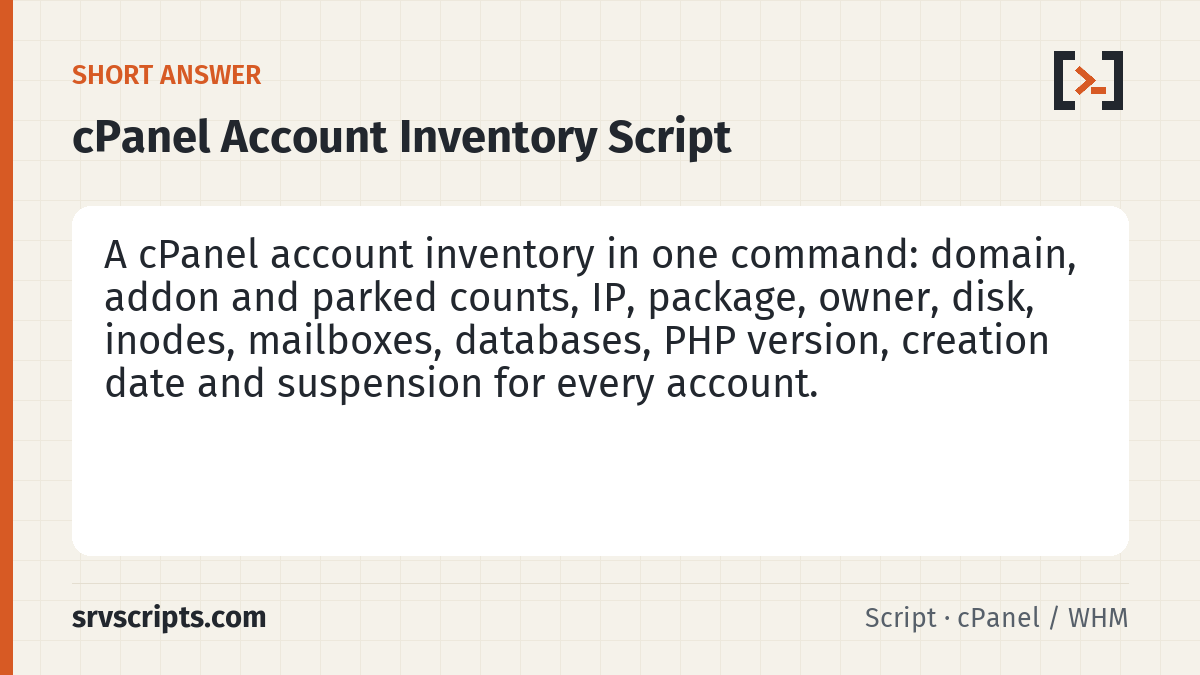 cPanel Account Inventory summary card: Before a migration, a price change, a reseller audit or a server consolidation, someone asks for "a list of all…