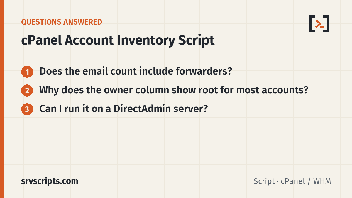 cPanel Account Inventory questions answered: Does the email count include forwarders? Why does the owner column show root for most accounts?