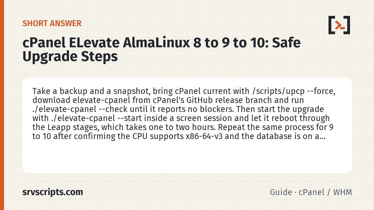 cPanel ELevate AlmaLinux 8 to 9 to 10 summary card: Take a backup and a snapshot, bring cPanel current with /scripts/upcp --force, download elevate-cpanel from cPanel's…