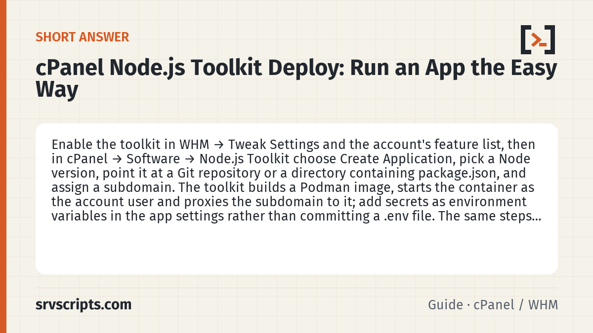cPanel Node.js Toolkit Deploy summary card: Enable the toolkit in WHM → Tweak Settings and the account's feature list, then in cPanel → Software → Node.js Toolkit…