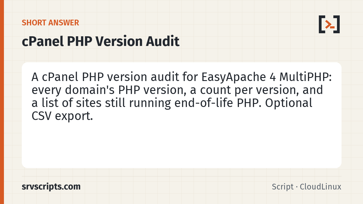 cPanel PHP Version Audit summary card: Every cPanel server we take over has a long tail of sites on old PHP.