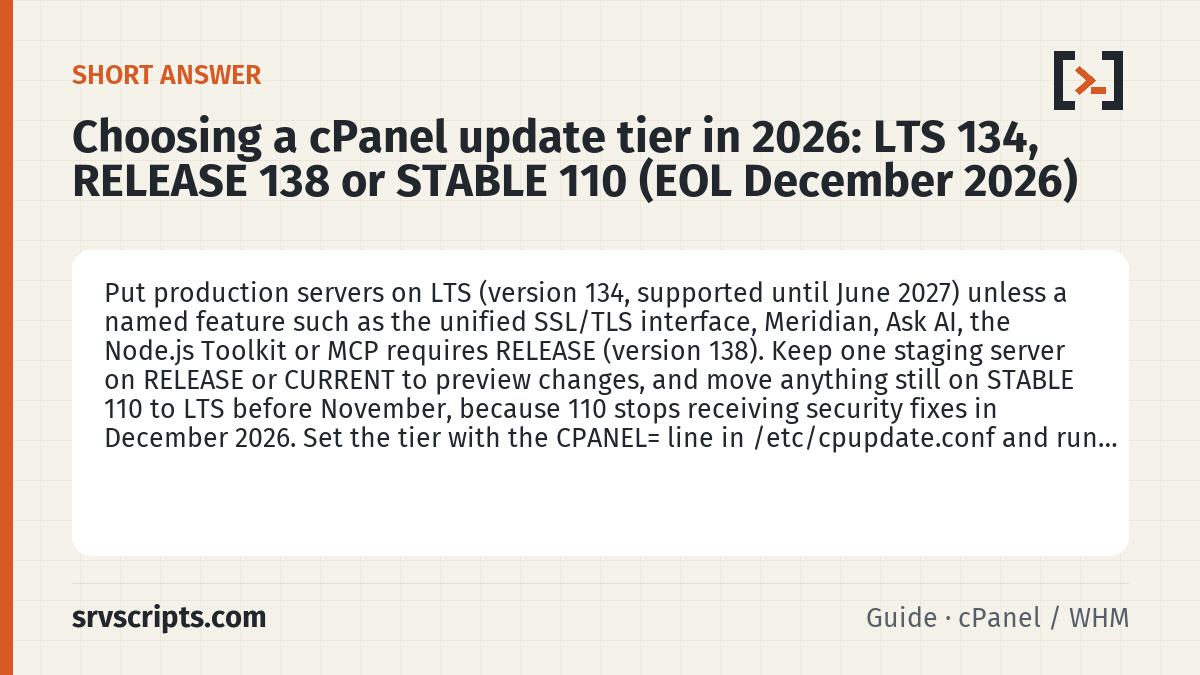 Choosing a cPanel update tier in 2026 summary card: Put production servers on LTS (version 134, supported until June 2027) unless a named feature such as the unified…