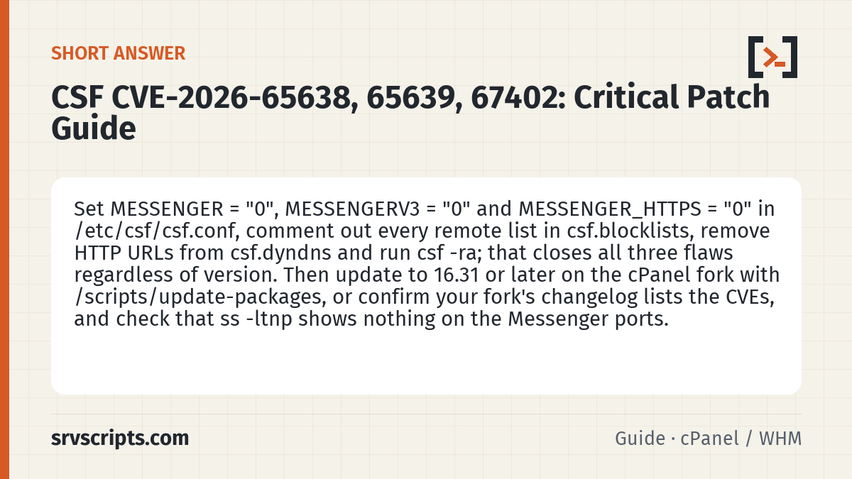 CSF CVE-2026-65638, 65639, 67402 summary card: Set MESSENGER = "0", MESSENGERV3 = "0" and MESSENGER_HTTPS = "0" in /etc/csf/csf.conf, comment out every remote list in…