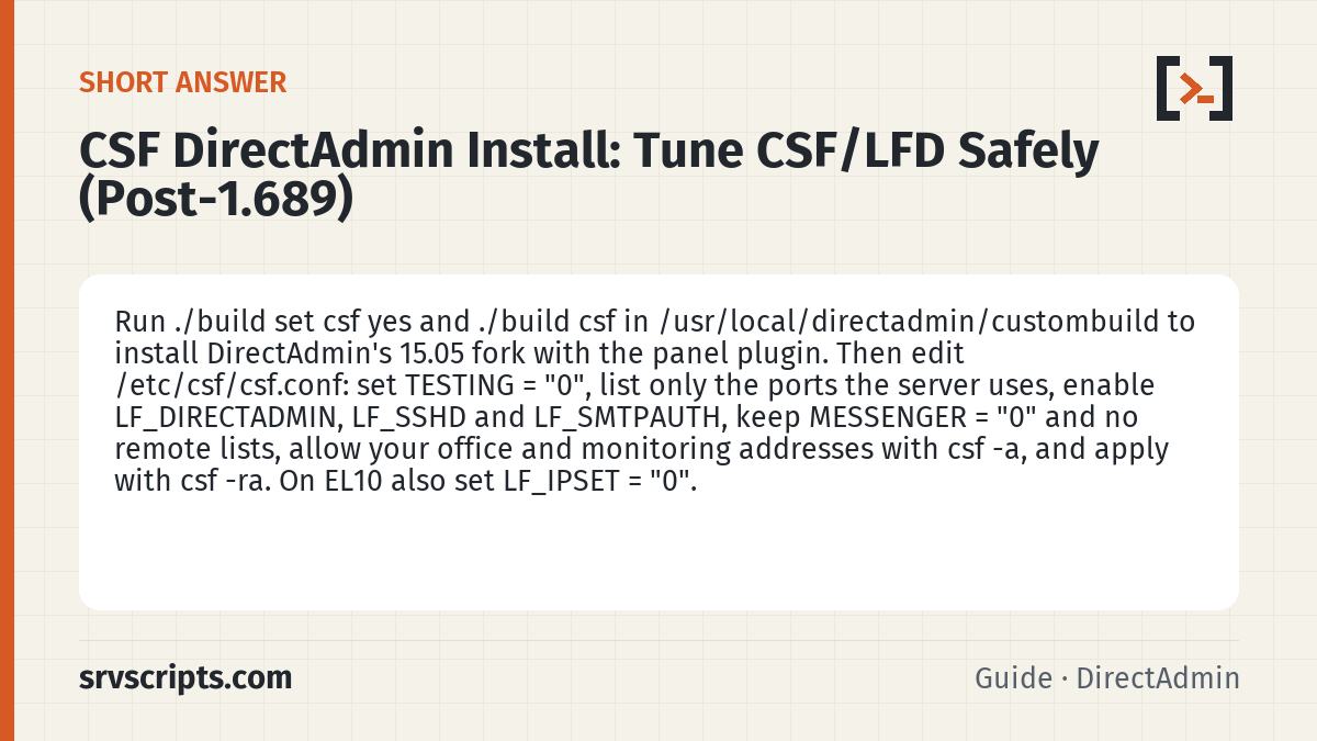 CSF DirectAdmin Install summary card: Run ./build set csf yes and ./build csf in /usr/local/directadmin/custombuild to install DirectAdmin's 15.05 fork with…