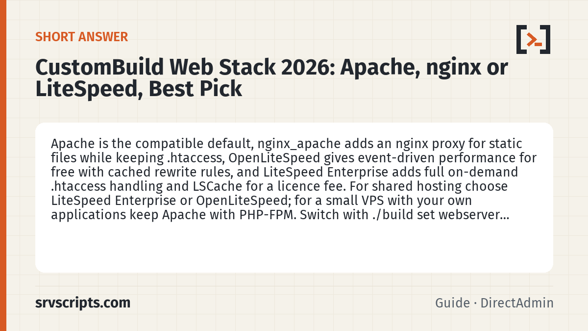 CustomBuild Web Stack 2026 summary card: Apache is the compatible default, nginx_apache adds an nginx proxy for static files while keeping .htaccess…