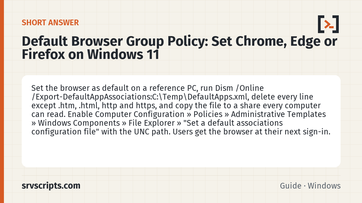 Default Browser Group Policy summary card: Set the browser as default on a reference PC, run Dism /Online /Export-DefaultAppAssociations:C:\Temp\DefaultApps.xml…