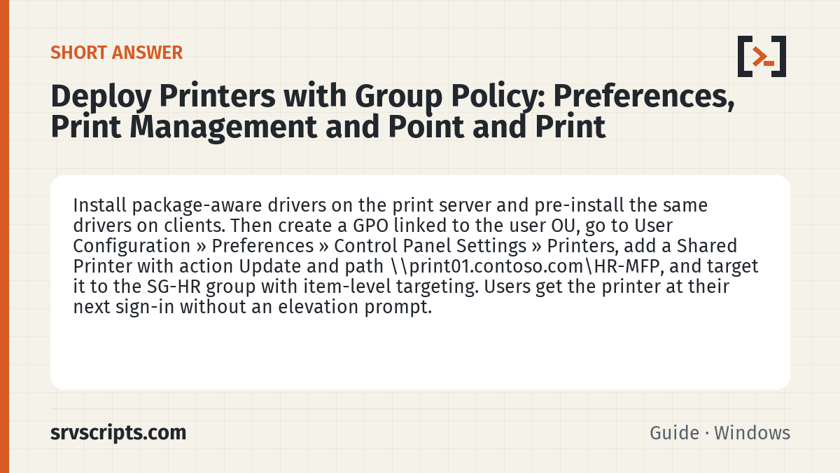 Deploy Printers with Group Policy summary card: Install package-aware drivers on the print server and pre-install the same drivers on clients.