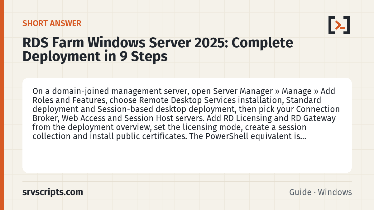 RDS Farm Windows Server 2025 summary card: On a domain-joined management server, open Server Manager » Manage » Add Roles and Features, choose Remote Desktop…
