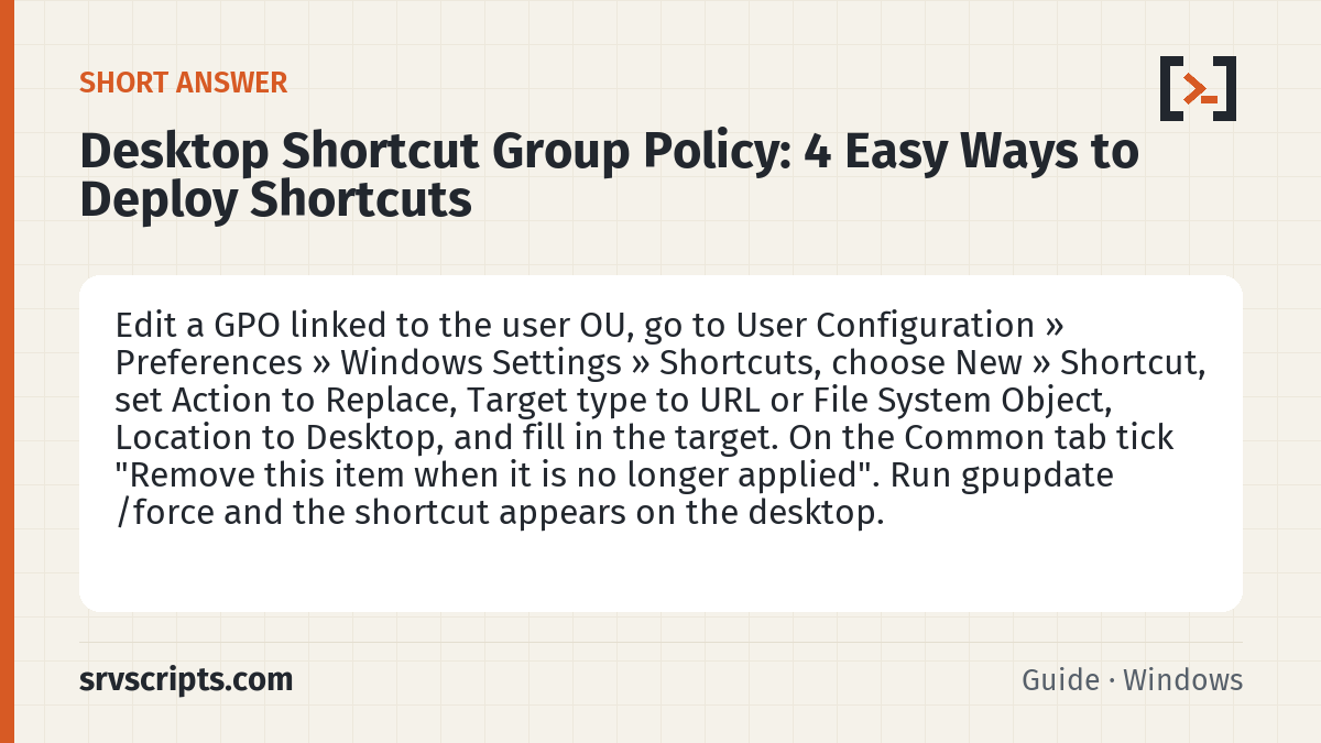 Desktop Shortcut Group Policy summary card: Edit a GPO linked to the user OU, go to User Configuration » Preferences » Windows Settings » Shortcuts, choose New »…
