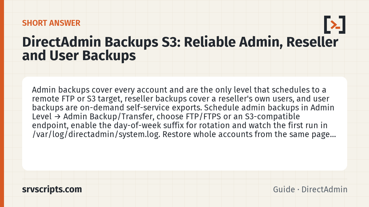 DirectAdmin Backups S3 summary card: Admin backups cover every account and are the only level that schedules to a remote FTP or S3 target, reseller backups…