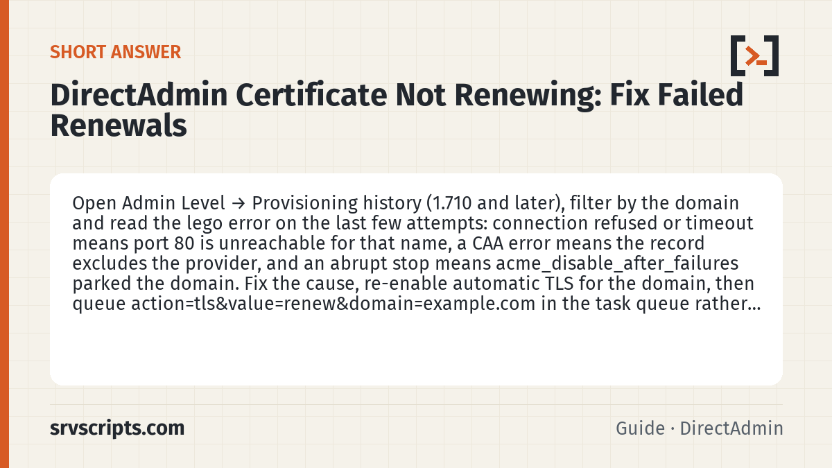 DirectAdmin Certificate Not Renewing summary card: Open Admin Level → Provisioning history (1.710 and later), filter by the domain and read the lego error on the last few…