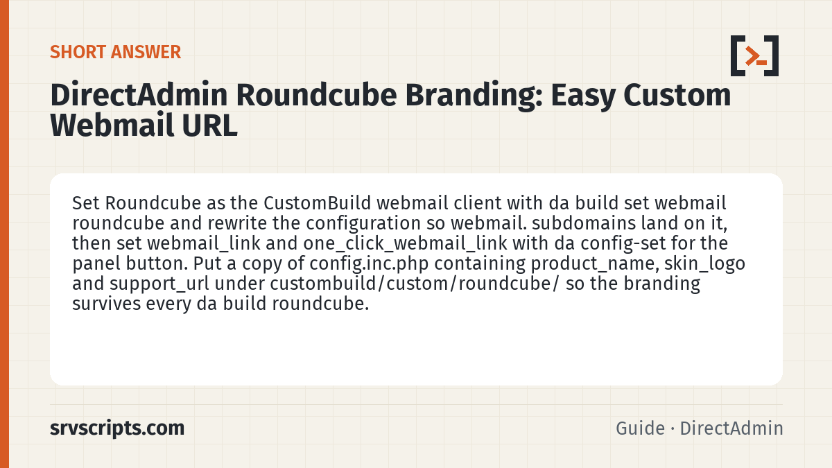 DirectAdmin Roundcube Branding summary card: Set Roundcube as the CustomBuild webmail client with da build set roundcube yes and rewrite the configuration so…