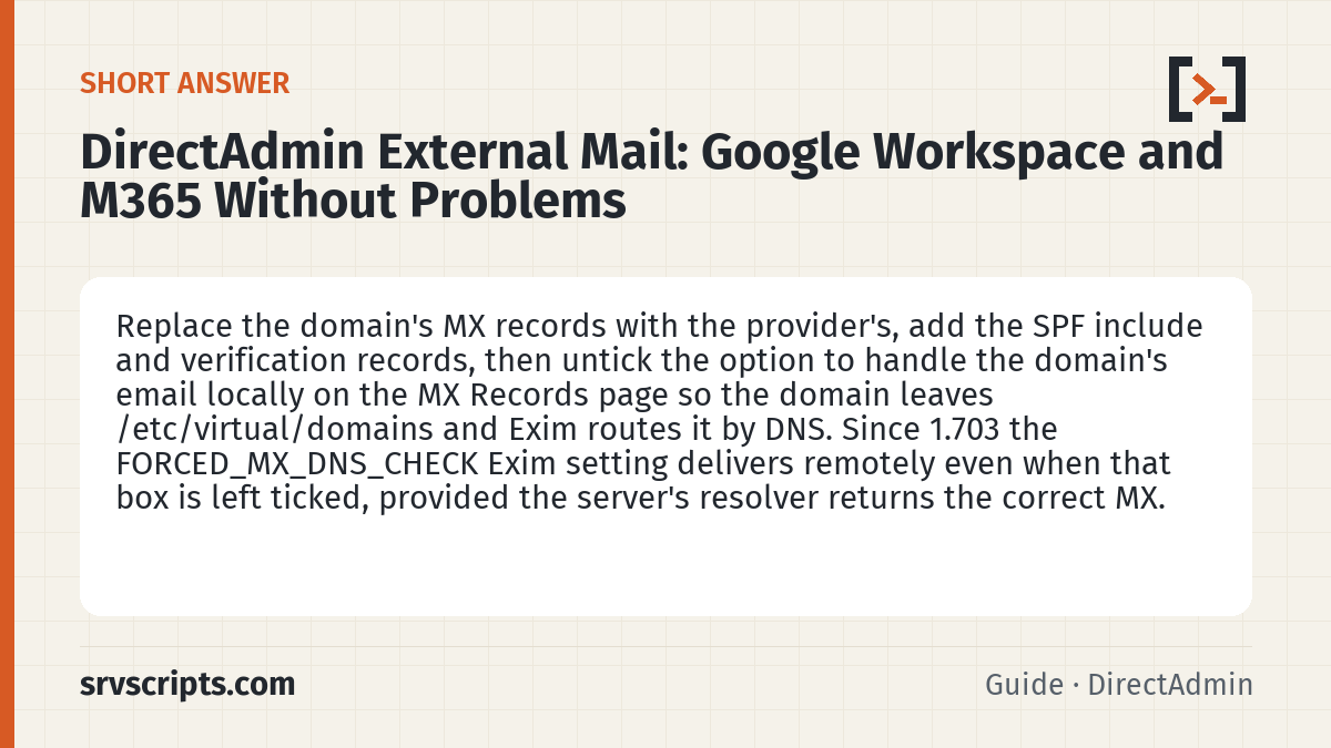 DirectAdmin External Mail summary card: Replace the domain's MX records with the provider's, add the SPF include and verification records, then untick the…
