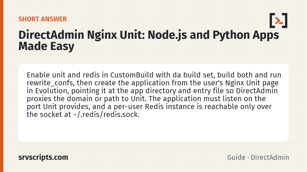 DirectAdmin Nginx Unit summary card: Enable unit and redis in CustomBuild with da build set, build both and run rewrite_confs, then create the application…