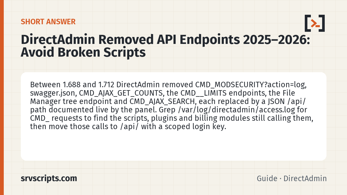 DirectAdmin Removed API Endpoints 2025 summary card: Between 1.688 and 1.712 DirectAdmin removed CMD_MODSECURITY?action=log, swagger.json, CMD_AJAX_GET_COUNTS, the…