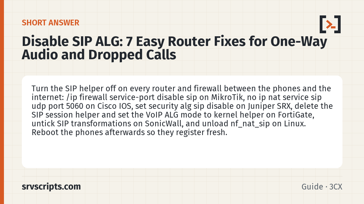 Disable SIP ALG summary card: Turn the SIP helper off on every router and firewall between the phones and the internet: /ip firewall service-port…