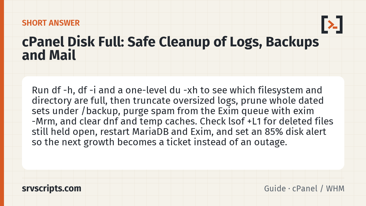 cPanel Disk Full summary card: Run df -h, df -i and a one-level du -xh to see which filesystem and directory are full, then truncate oversized logs…