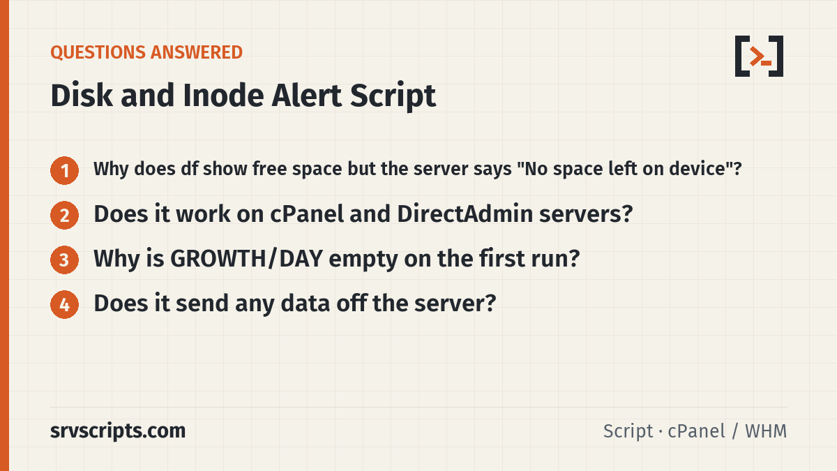 Disk and Inode Alert questions answered: Why does df show free space but the server says "No space left on device"? Does it work on cPanel and DirectAdmin…
