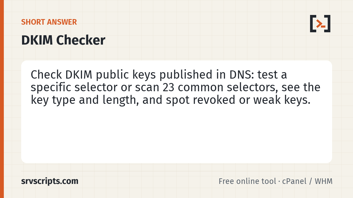 DKIM Checker summary card: DKIM signs outgoing mail with a private key; receivers fetch the public key from selector._domainkey.yourdomain to…