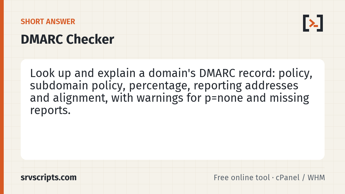 DMARC Checker summary card: DMARC tells receivers what to do with mail that fails SPF and DKIM alignment and where to send reports.