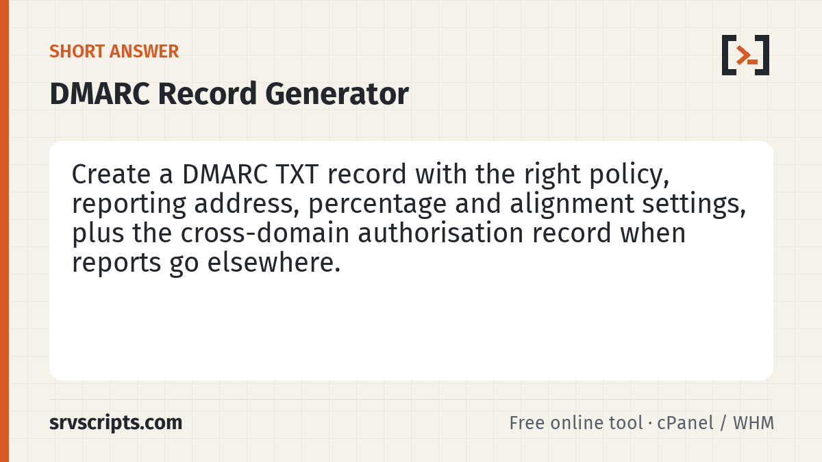 DMARC Record Generator summary card: Choose a policy and a reporting address to get a DMARC record ready to publish at _dmarc.yourdomain.