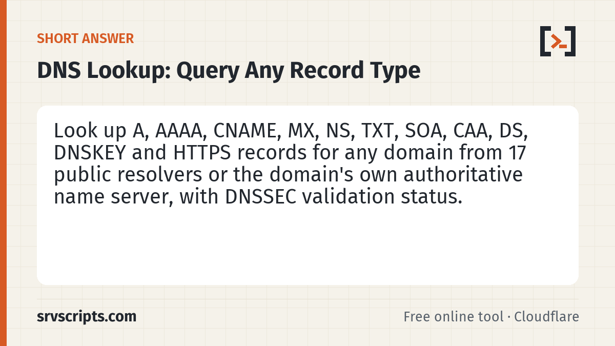 DNS Lookup summary card: Query any DNS record type the way a real resolver does.
