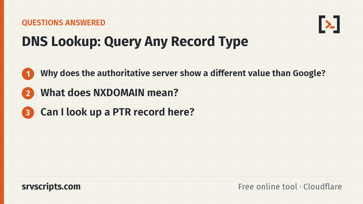 DNS Lookup questions answered: Why does the authoritative server show a different value than Google? What does NXDOMAIN mean?