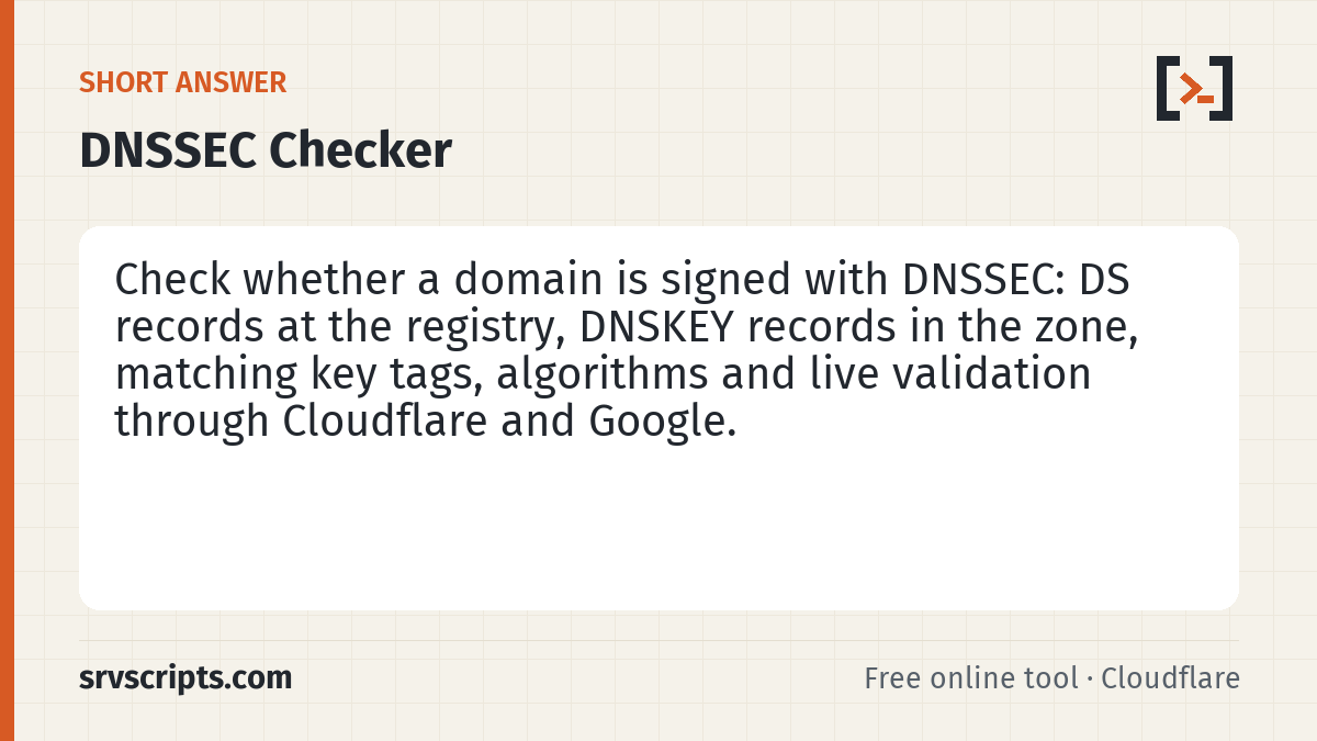 DNSSEC Checker summary card: DNSSEC signs DNS answers so resolvers can detect forged responses.
