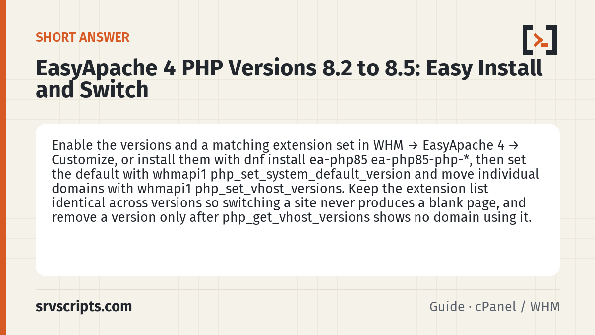 EasyApache 4 PHP Versions 8.2 to 8.5 summary card: Enable the versions and a matching extension set in WHM → EasyApache 4 → Customize, or install them with dnf install…