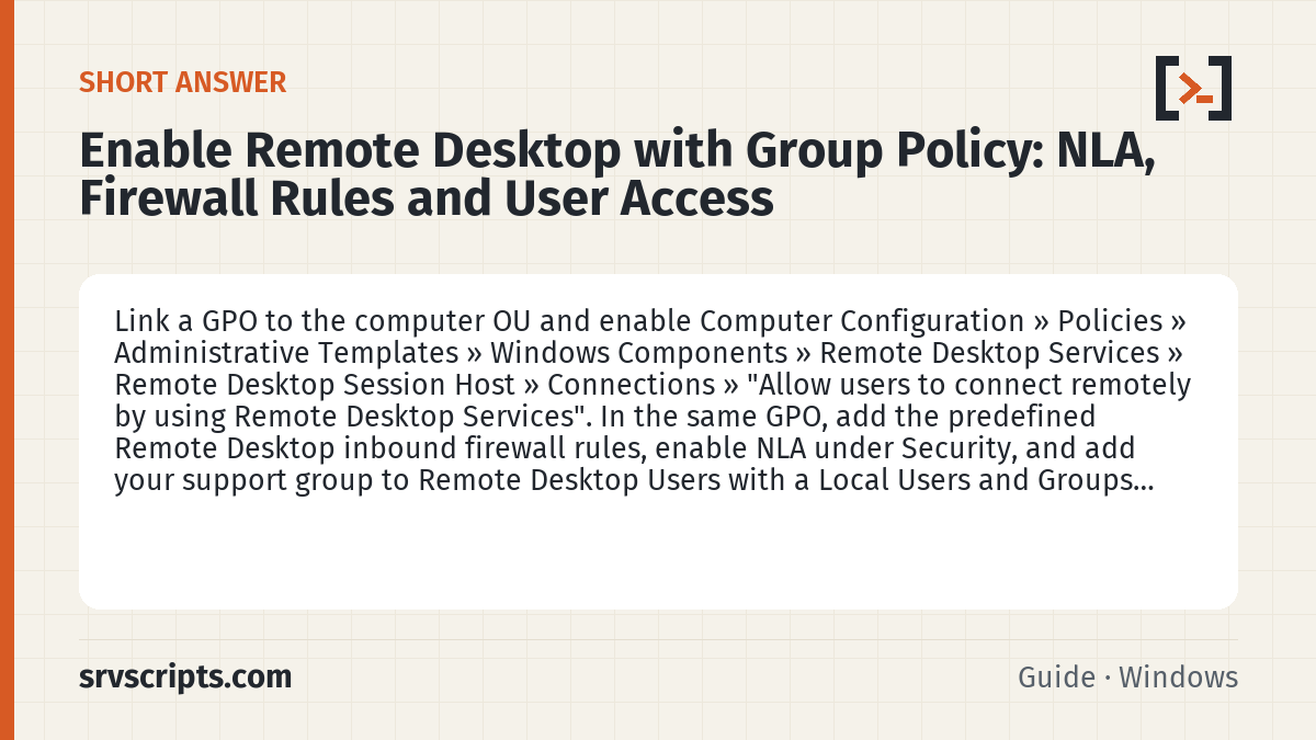 Enable Remote Desktop with Group Policy summary card: Link a GPO to the computer OU and enable Computer Configuration » Policies » Administrative Templates » Windows…
